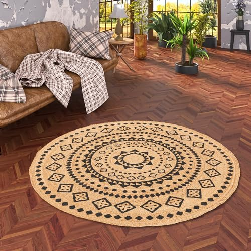 Runder Jute Teppich Salsa - Handgefertigt aus strapazierfähiger Naturfaser - Schlichtes Design mit Ethno Muster - Verschiedene Größen verfügbar