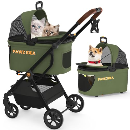 PAWZIDEA 4-in-1 Pet Stroller for Small Medium Dogs & Cats, Foldable Dog Stroller with Detachable Carrier, Escape-Proof No-Zip Canopy, Lightweight Portable Travel Crate & Car Seat Combo, Storage Basket