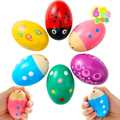 JOYIN 6 confezioni di spandicuova pasquali in legno, maracas, musicali a percussione per cesti pasquali, accessori per classi, strumento musicale, riempitivo per cesti per bambini, caccia pasquale