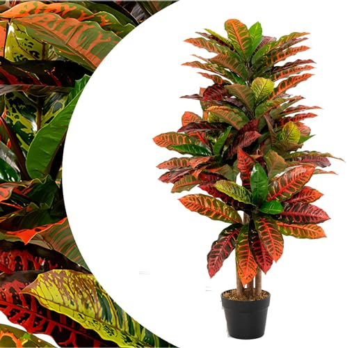 SPOTRAVEL 100cm/3.3ft Artificial Croton Plant, Faux Fiddle Leaf fig Tree with Colorful Variegated Leaves, Natural Wood Trunk and Nursery Pot, Decoration Potted Tree for Office Home (1)