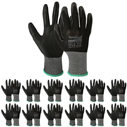 RuviGrab – Pack de 12 - Guante de Trabajo de Nitrilo - Guantes Anti-Grasas y aceites - Guantes jardinería - Guantes para Trabajos de Construcción o Agricultura - Guantes Trabajo Hombre y Mujer