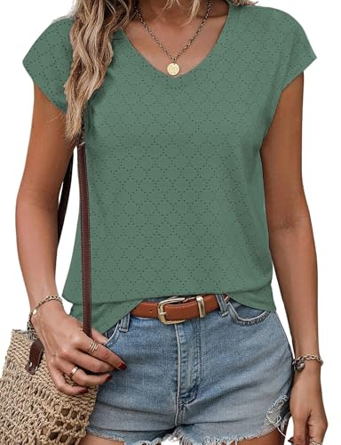 Zeagoo Mujer Top Verano Cuello en V Manga Corta Camiseta Elegante Bordado Camisa Ligera Airy Top Verde M