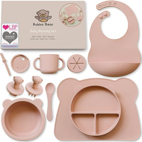 Bubba Bear Silikon Baby Geschirrset, Rutschfest Kindergeschirr Set mit Saugnapf, 11 Stück BPA Frei Esslernbesteck Sets mit Löffel Gabel Schüssel Lätzchen Becher Trinklernbecher (Staubiges Rosa)