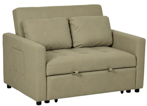 HOMCOM 2 Seater Sofa Bed, 120 cm Convertible Bed Settee, Light Brown | Modern Fabric Loveseat Sofa Couch, 2 Pillows, Side Pockets, Living Room, Guest Room