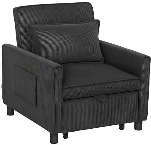 HOMCOM Poltrona Letto 3 in 1 con Tasche Laterali e Schienale Reclinabile, Poltrona Moderna Convertibile in Poltrona Reclinabile o Letto Singolo in Tessuto Effetto Velluto, 74x84x81 cm, Grigio Scuro