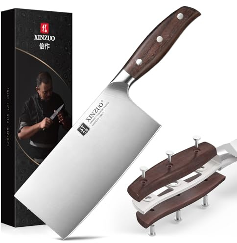 XINZUO Meat Cleaver Knife, 7 Inches German Stainless Steel Chef Cleaver Knife,Vegetable Meat Cleaver,Multifunction Chopper Butcher Knife,Chinese Chef Knife, Ultra Sharp, Red Sandalwood Handle