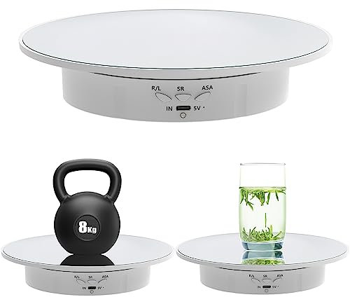 E Eshion Electric Turntable, 360 Degree Adjustable speed Revolving Base for Photography,Jewelry,3D Models,Watch, USB Power Supply,Motorized Turntable/7.8 inches/Load 17 LB (White Mirror)