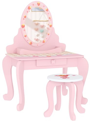 AIYAPLAY Kids Dressing Table Set, Two-Piece Children Vanity Table with Stool, Mirror, Drawer, Desktop Storage, Strawberry-Theme Makeup Desk, Chair, Pink