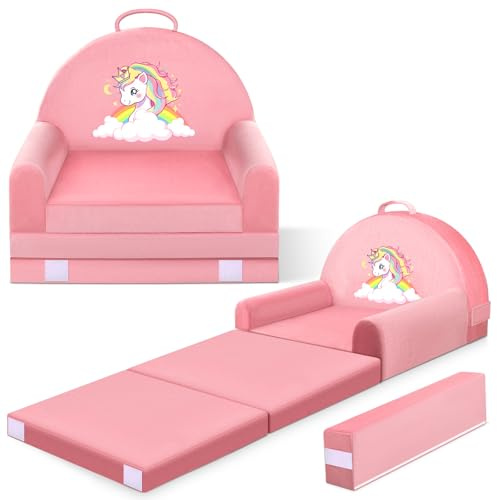 Unicorn Kids Sofa Bed Ages 3+ with Washable Cover, Foldable Toddler Chair