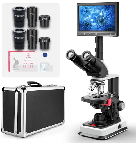 Alimentazione Doppia Microscopio Composto Trinoculare Vabiooth Lab 40X-2500X con LCD 7 5MP a Schermo Divisibile Sostituibile, Tavolino Meccanico a Due Strati, Oculari Ultra-Grandangolari 20mm