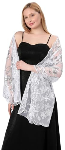 LumiSyne Mujer Chales y Envolturas Para Vestido De Noche Brillante Bordado De Lentejuelas Patrón De Flores Tul De Encaje Ligero Bufanda Elegante Estola Chales De Fiesta Para Novia Dama De Honor Boda