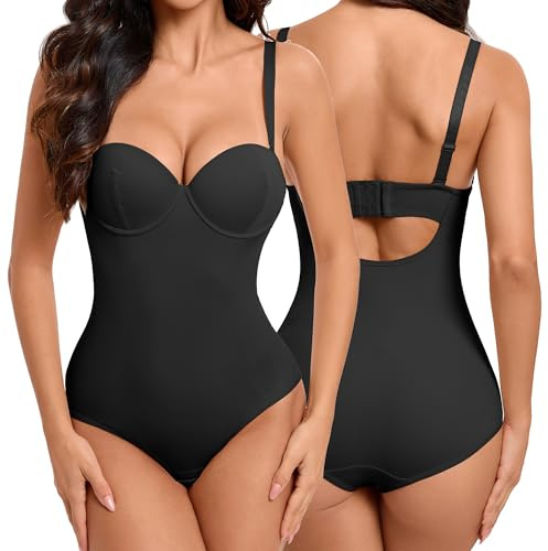 Hioffer Strapless Shapewear Bodysuit with Built in Bra- Tummy Control Full Body Shaper : Removable Straps Sculpting Low Back Compression Shape Wear