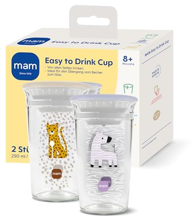 MAM Easy to Drink Cup | 360° Learning Cup from 8+ Mon | Leak-Proof Silicone Insert with Valve | BPA & BPS Free | Easy to Clean | Baby & Children's Drinking Cup | 290 ml | Zebra/Leopard | Pack of 2