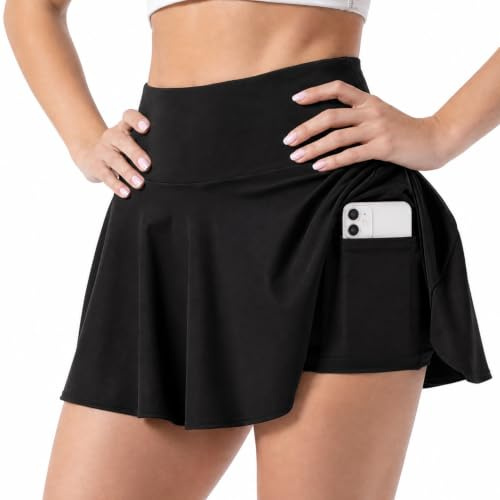 Träningskjol med Innerbyxor och Fickor för Dam, Svart Skort med Hög Midja, Lätt Tennis- och Golfkjol för Sport, Löpning och Vardagsbruk (M)