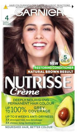 Garnier Nutrisse Ultra Crème Permanent Hair Dye, Up to 100% Grey Coverage, 8-weeks Long-Lasting Colour, No Ammonia, Vegan (Shade: 4 Dark Brown)
