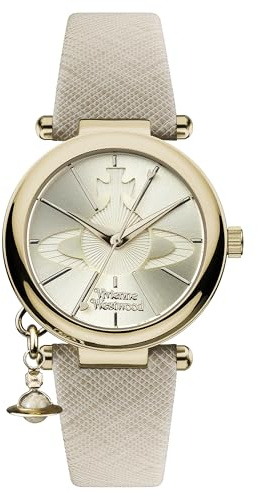 Vivienne Westwood ORB Pop Women's Quartz Watch with Gold Dial Analogue Display and Cream Leather Strap VV006GDCM