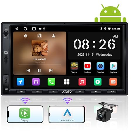 ATOTO A5 Autoradio 2 Din Android, 7 Touchscreen Sistemi multimediali, Wireless CarPlay e Android Auto, Tethering de WiFi/Bluetooth/USB, Telecamera di backup, MirrorLink, 24B-EQ DSP, 2G+32G, FM/RDS