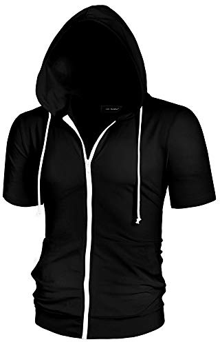 Lars Amadeus Men's Hoodies Solid Color Zip Up Short Sleeve Jackets with Hood Black XL