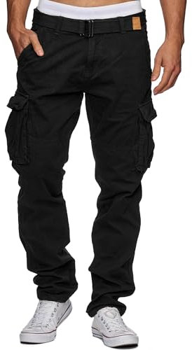 Indicode Hommes William Cargo Pants | Pantalon Cargo en Coton avec Ceinture New Black L