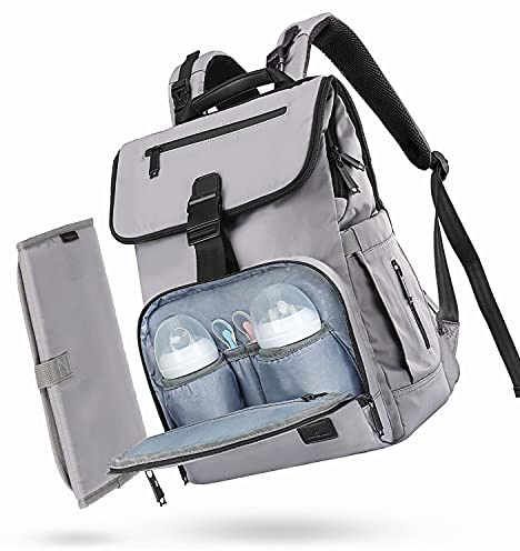 Waldseemüller Zaino Mamma Multifunzione, Tessuto Ecologico Grande Capacità Fasciatoio, Zaino per il Cambio Unisex con Materassino e Sacchetto Termico di Bottiglia (Grigio)