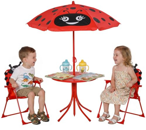Outsunny Kids Outdoor Table and Chairs Ladybird Adjustable Umbrella Red | Garden Furniture, Ladybird Pattern, Removable Sun Umbrella