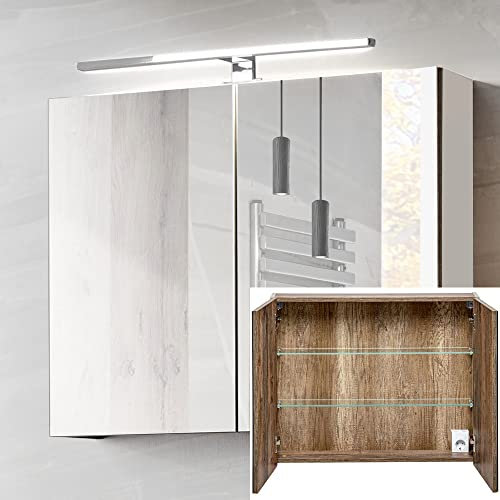Lomadox Badezimmer Spiegelschrank 80cm Taupe mit Vintage Oak Eiche, 2-türig, LED Beleuchtung, Schalter, Steckdose B/H/T: 80/65-75/17cm