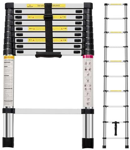 Panana Telescopic Ladder, 2.9m/ 9.58ft Stainless Steel Extension Ladder, Collapsible Portable Loft Ladder with Non-Slip Feet, Adjustable Height Step Ladder for Home Outdoor Use