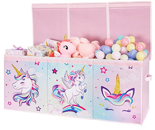 WERNNSAI Scatola per giocattoli con unicorno, grande contenitore con coperchio, per bambini, ragazze, pieghevole, robusta, rosa, 96 x 32 x 40 cm, armadio per cameretta dei bambini, asilo, camera da