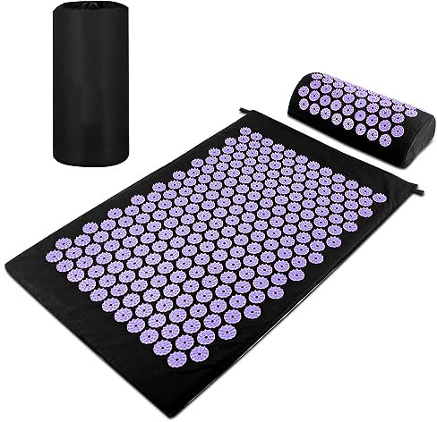 Magrimaxio Set Tappetino Agopressione, Tappetino Massaggiante con Cuscino e Borsa per Trasporto, Tappeto Agopressione, Tappetini per Digitopressione per Alleviare Dolore Alla Schiena e Collo (Porpora)