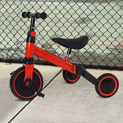 Kleinkind-Dreirad, Kinderfahrrad Laufrad mit Abnehmbare Zusammenklappbar Pedale, Dreirad mit Verstellbaren Sitzen, Lauflernhilfe für Kinder ab 1 Jahre bis 4 Jahren (Ohne Putter-Rot)