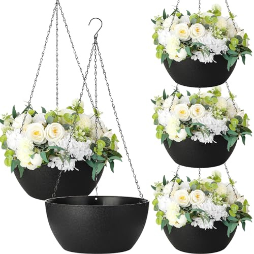 Maxcheck Paquete de 4 macetas colgantes grandes de 13 pulgadas para interiores y exteriores, contenedores de plantas con agujero de drenaje, maceta colgante redonda negra para plantas colgantes, hogar