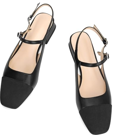 Dsevht Black Slingback Flats for Women Closed Square Toe Mary Jane Ballet Flats Casual Fashion Dress Shoes for Women