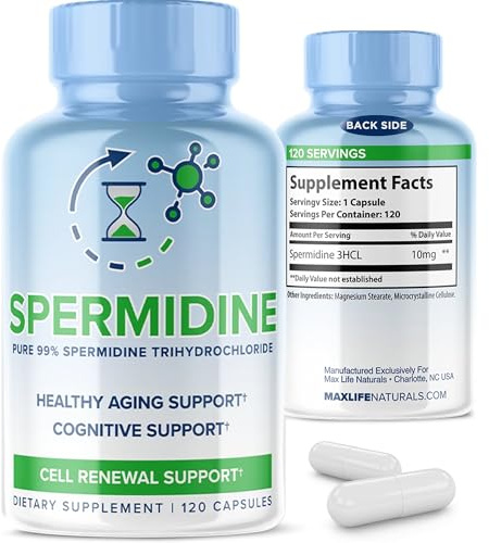 Pure Spermidine Supplement with Trihydrochloride 3HCL 10mg - 120 Capsules - Antioxidant, Anti Aging, Brain Support, Vitality & Cell Repair Supplement for Men and Women - Longevity Supplement