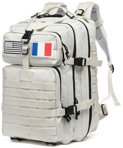 GUJOIN Sac À Dos Tactique 50 Litres - Grande Capacité Système MOLLE Militaire Imperméable Idéal Pour Urgences De 3 Jours Chasse Randonnée Et Camping Sac À Dos Pour De Plein Air (Blanc)