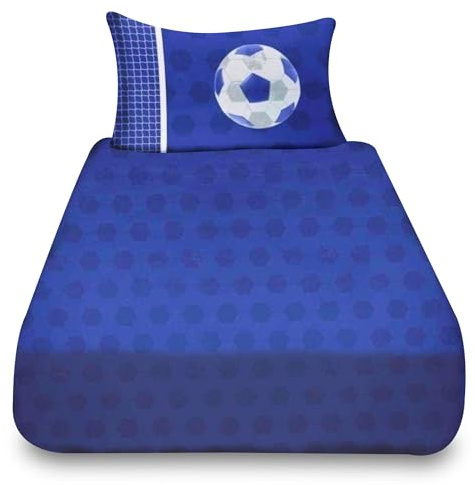 VELVETIO Football Fitted Sheet Single with Matching Pillowcase, Soft Breathable Polycotton Kids Bedsheet, Boys & Girls Soccer Printed Bedding Bedset, Blue