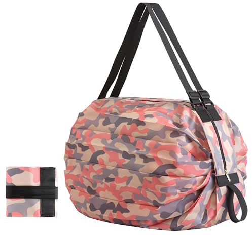 Yenvory Borse per la spesa pieghevoli, riutilizzabili, in tessuto Oxford, per viaggi, fitness, shopping, campeggio e abbigliamento invernale, Nanobag, pieghevole, Rosa mimetico, L