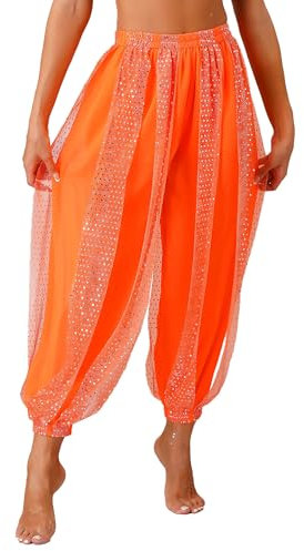 Yruioon Dam magdansbyxor paljetter glänsande haremsbyxor pumpbyxor arabiska byxor magdans kostym indiska dansbyxor, Aa Orange, one size