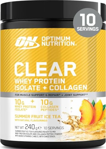 Optimum Nutrition Clear Whey + Collagen, Smak av Sommarfrukt Ice Tea, 10 g Vassleisolat och 10 g Kollagenpeptider per Portion, Klar Proteindryck för Leder*, 240 g, 10 Portioner