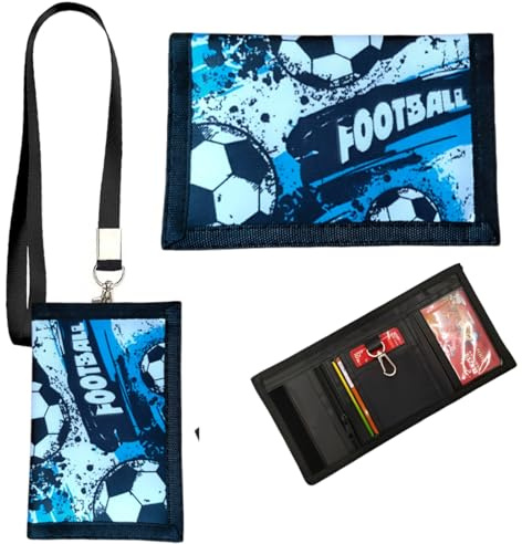 SIRLOMU Cartera Niño, Monedero Niño Niñas, Cartera Juvenil Triple Plegable con Llavero y Cordón para el Cuello, Diseño de Fútbol, Ideal para Regalo Escolar y Regalos de Cumpleaños (Azul)