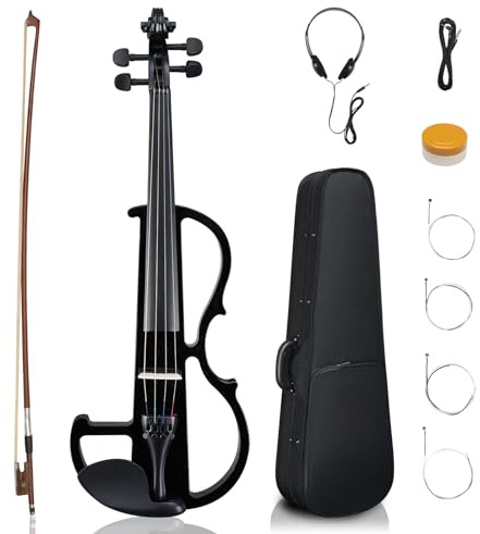 LALAHO Full Size Electric Violin, 4/4 Acoustic Silent Electric Fiddle for Beginner Adults Teens with Ebony Fittings, Case, Bow, Headphone, Rosin and Extra String (Black)