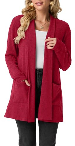 GRECERELLE Cardigan lungo da donna aperto sul davanti, leggero, elegante, casual, cardigan da donna con collo a scialle, maglione da donna con tasche, autunno, inverno, primavera, Rosso, M