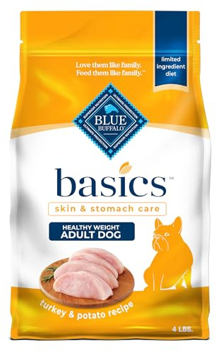Blue Buffalo Basics Healthy Weight Adult Dry Dog Food, Skin & Stomach Care, Limited Ingredient Diet for Dogs, Turkey Recipe, 4-lb. Bag