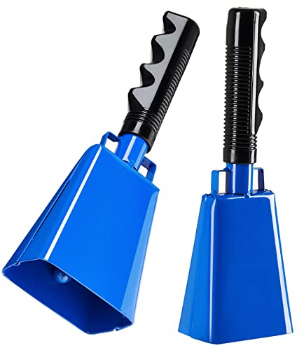 BLUE PANDA Cowbell Noise Maker - 9-Inch, Royal Blue, Pack of 2 - Metal Cowbell Instrument with Ergonomic Handle - Cheering Bell for Stadium Cheers & Celebratory Noise Maker