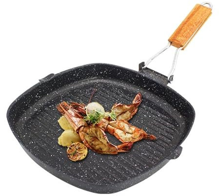 Kuuleyn Grillpfanne aus Stahl, Antihaft-Grillpfanne, Bratpfanne für den Außenbereich, klappbarer Buchengriff, energiesparende Antihaft-Streifen, Steak-Spezialpfanne, Grillpfanne(20 * 20cm)