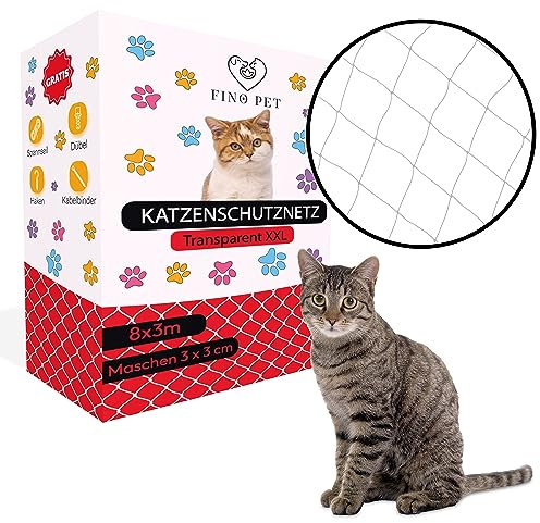 FinoPet Katzennetz für Balkon 8x3 Meter transparent inklusive Befestigungsmaterial Katzenschutznetz Katzengitter Schutznetz Sicherheitsnetz Balkonnetz für Katzen Katzennetz für Balkon ohne Bohren
