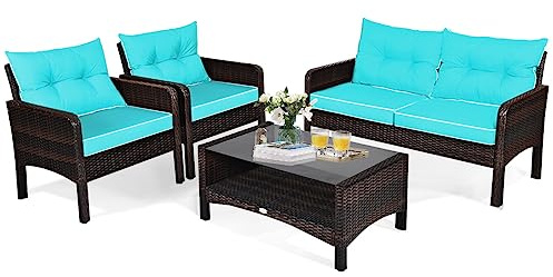 COSTWAY 4-Piece Garden Rattan Furniture Set, Patio Conversation Set with Cushioned Loveseat, Chairs and Tempered Glass Table, All-Weather Outdoor Wicker Sectional Sofa Set for Yard Lawn (Turquoise)