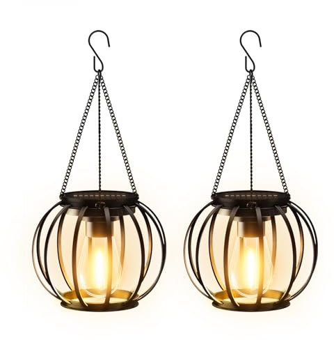 BUCASA Solar Lights Outdoor Garden, 2 Pack Metal Solar Lanterns Outdoor with Chain and Hook, Hanging Solar Lights with Auto On Off Waterproof Garden Ornaments for Yard Pathway Patio