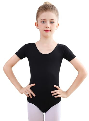 Monbessi Ballettanzug Mädchen Kurzarm - (Gr.100-150) - Tanzbody Gymnastikanzug, Baumwolle Ballettbody Kinder Ballett Trikot (120, Schwarz)