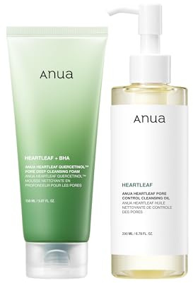 ANUA Double Cleansing Duo for Facial Cleansing : Heartleaf Pore Control Cleansing Oil & Quercetinol Pore Deep Cleansing Foam for Double Cleansing, Korean Skincare