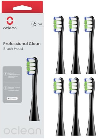 Oclean Bürstenköpfe Professional 6 Stück, DuPont-Borsten Zahnbürstenkopf mit Zungenreiniger, Plaque Entfernung Ersatzbürsten kompatibel mit Oclean elektrische Zahnbürste, Schwarz